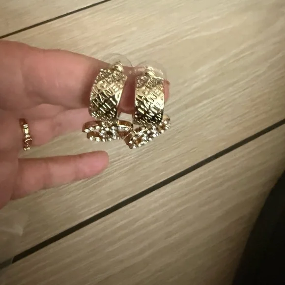 Naw upcycled Chanel Gold with rhinestone Crystal Logo Earrings - Picture 7 of 9
